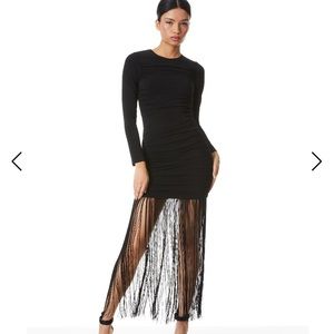 Alice and Olivia Katherina Black Long Sleeve Ruche Fringe Dress NWT size 2